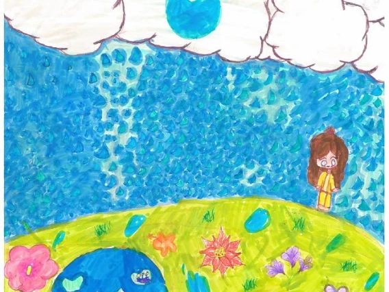 A girl stands on a grassy hill with flowers. White clouds overhead are raining, and one cloud says "Precious water equals precious life."