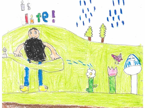 A child uses a hose to water plants. The words "Water Is Life!" is plastered across the sky in the background, where rain is falling on trees.