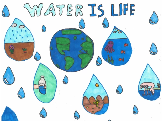 The planet Earth is suspended among raindrops containing pictures of the many uses of water such as for plants, for drinking, and for wildlife.