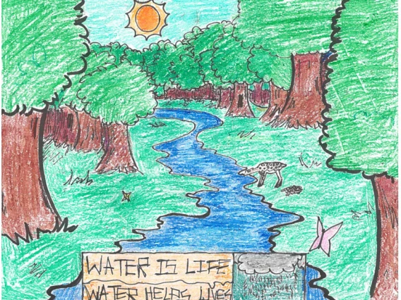 A stream runs through a forest and a deer drinks from it. At the bottom of the image it says "Water Is Life. Water Helps Lives."