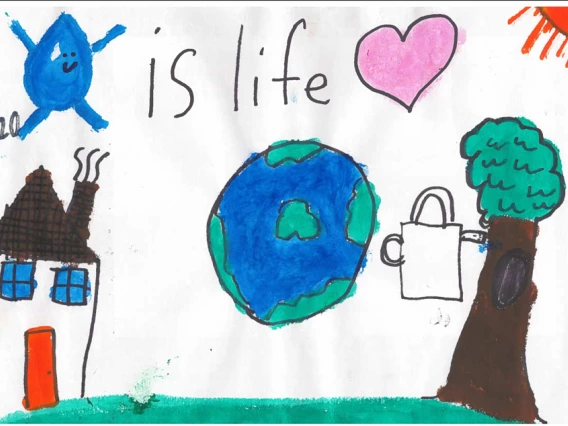 A planet earth is in the background of a house and a tree. The top says "H2O is life."