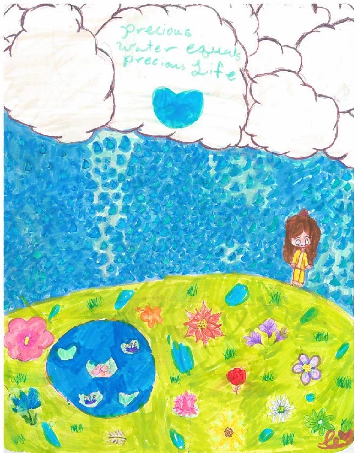 A girl stands on a grassy hill with flowers. White clouds overhead are raining, and one cloud says "Precious water equals precious life."