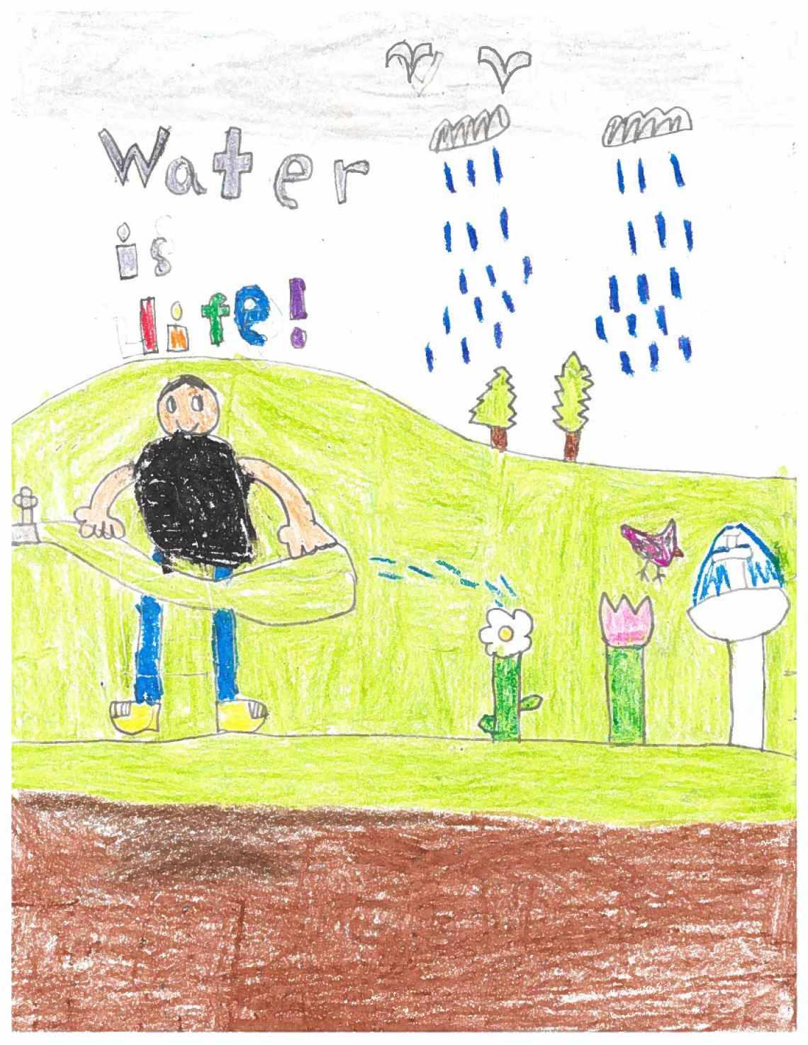 A child uses a hose to water plants. The words "Water Is Life!" is plastered across the sky in the background, where rain is falling on trees.