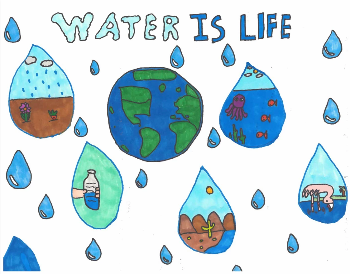 The planet Earth is suspended among raindrops containing pictures of the many uses of water such as for plants, for drinking, and for wildlife.