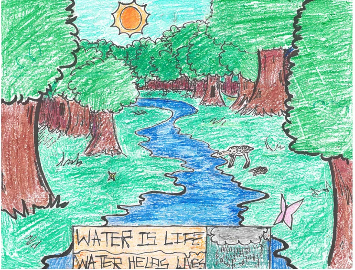 A stream runs through a forest and a deer drinks from it. At the bottom of the image it says "Water Is Life. Water Helps Lives."