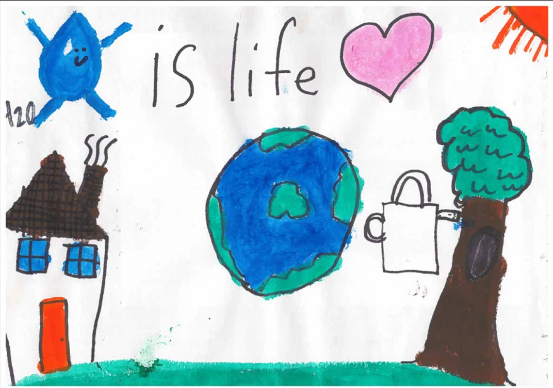 A planet earth is in the background of a house and a tree. The top says "H2O is life."